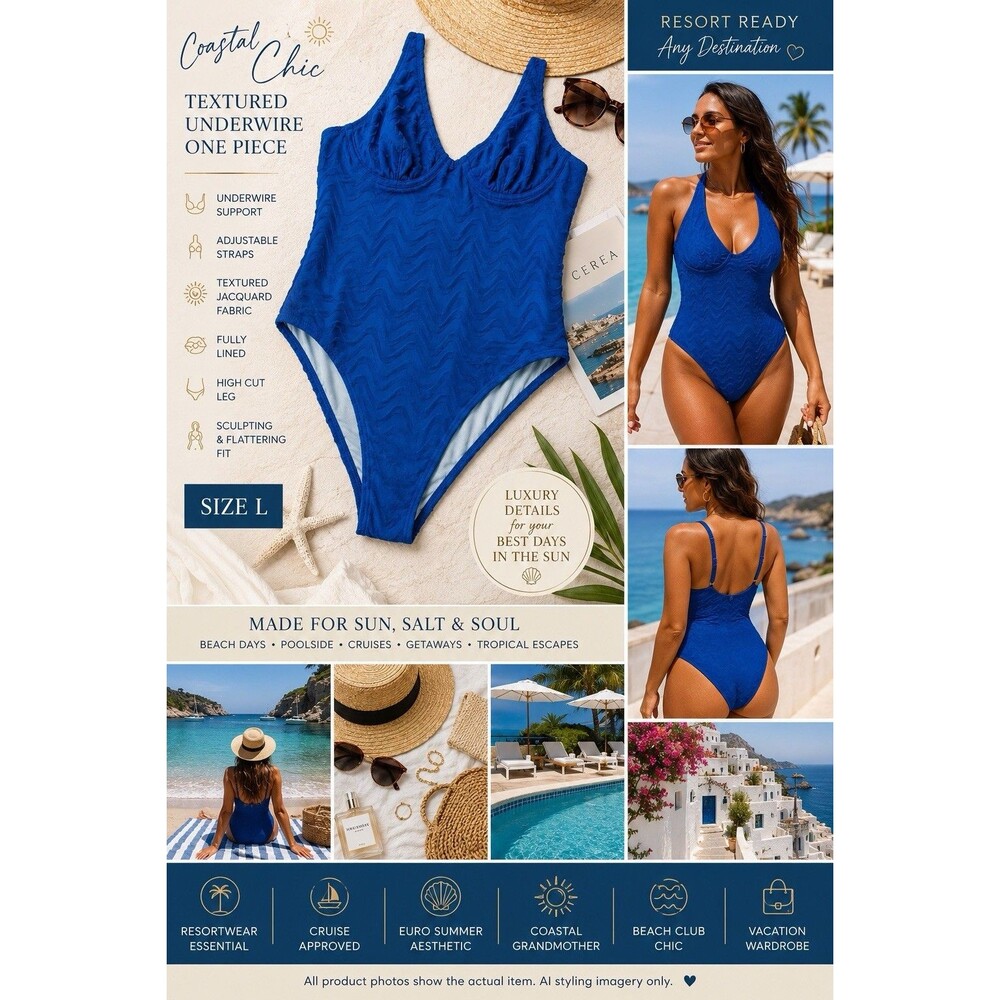 NWOT Cupshe Textured Underwire One Piece Swimsuit L Royal Blue Coastal Chic